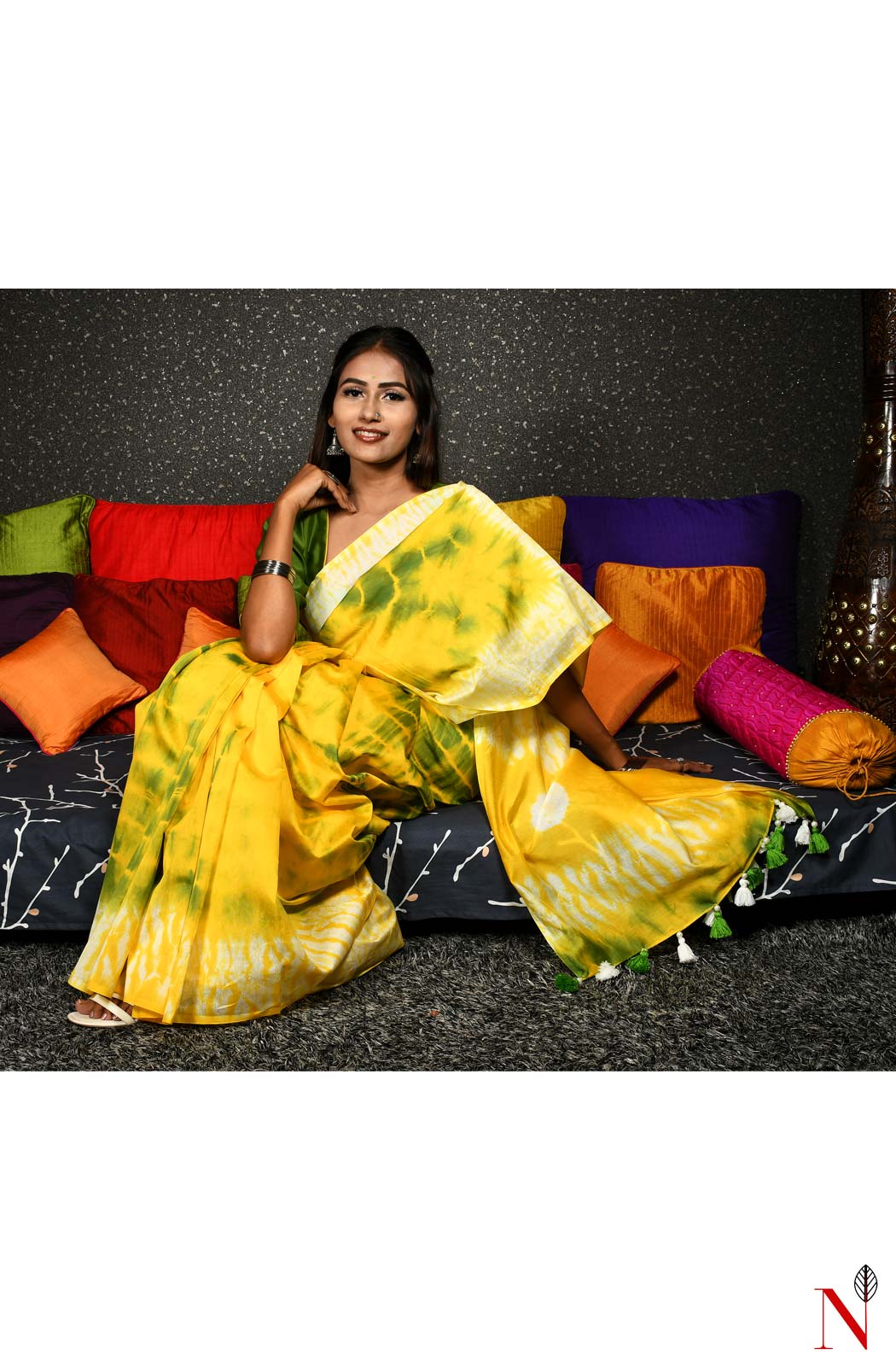 Yellow & Green Pure Silk Chanderi Saree - Shibori