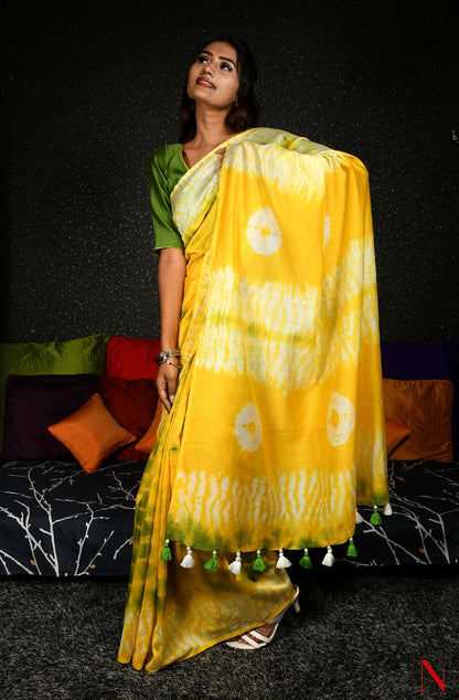 Yellow & Green Pure Silk Chanderi Saree - Shibori