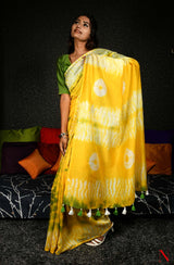 Yellow & Green Pure Silk Chanderi Saree - Shibori