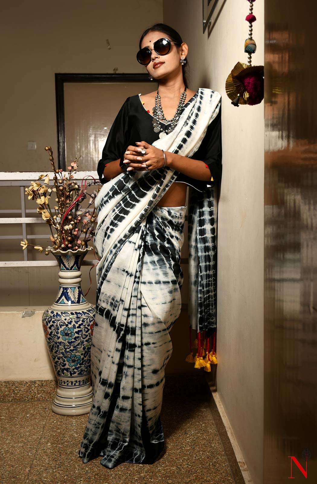 White & Black Pure Silk Chanderi Saree - Shibori