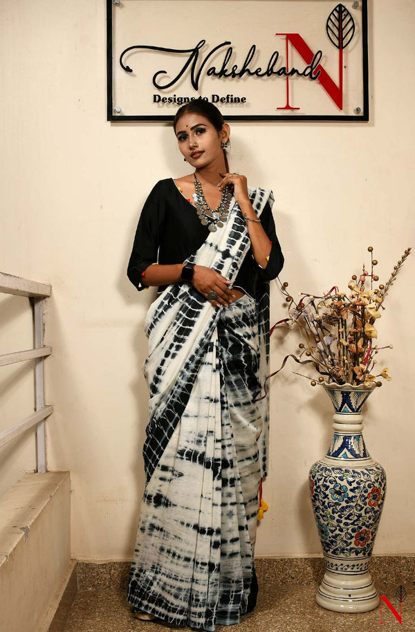 White & Black Pure Silk Chanderi Saree - Shibori