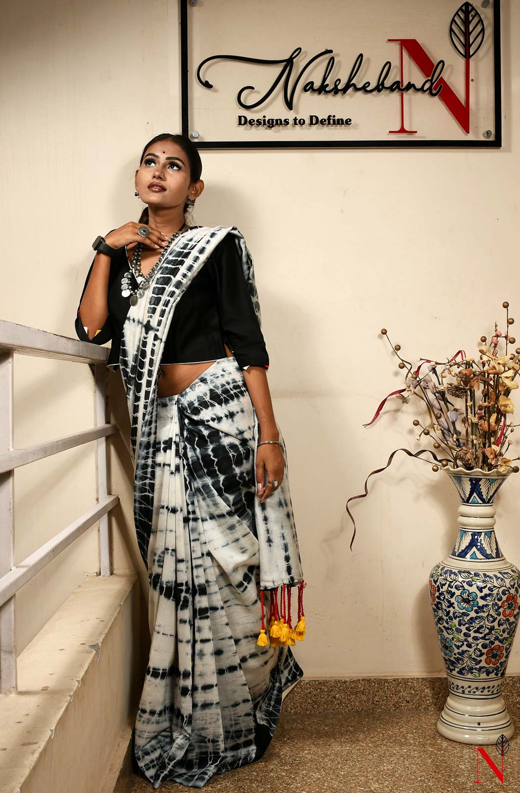 White & Black Pure Silk Chanderi Saree - Shibori