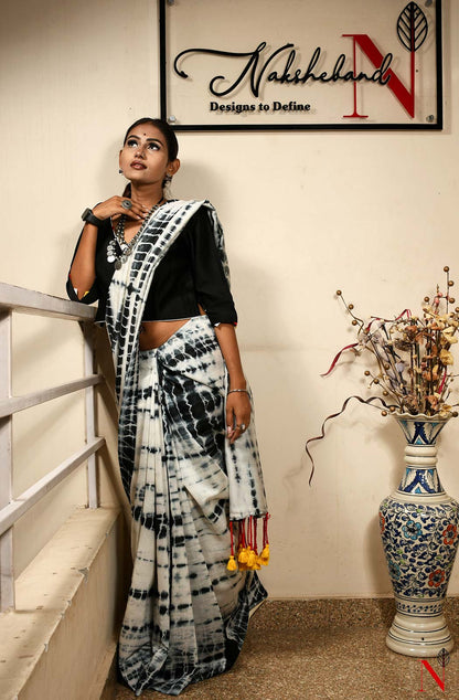 White & Black Pure Silk Chanderi Saree - Shibori