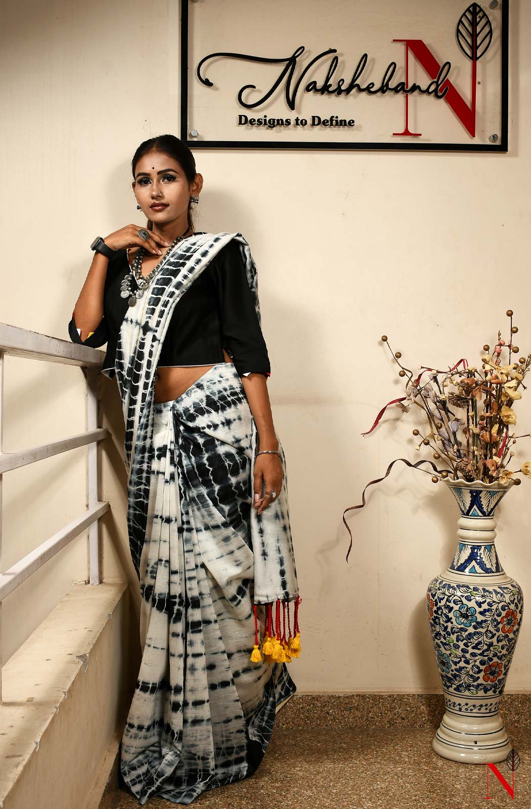 White & Black Pure Silk Chanderi Saree - Shibori