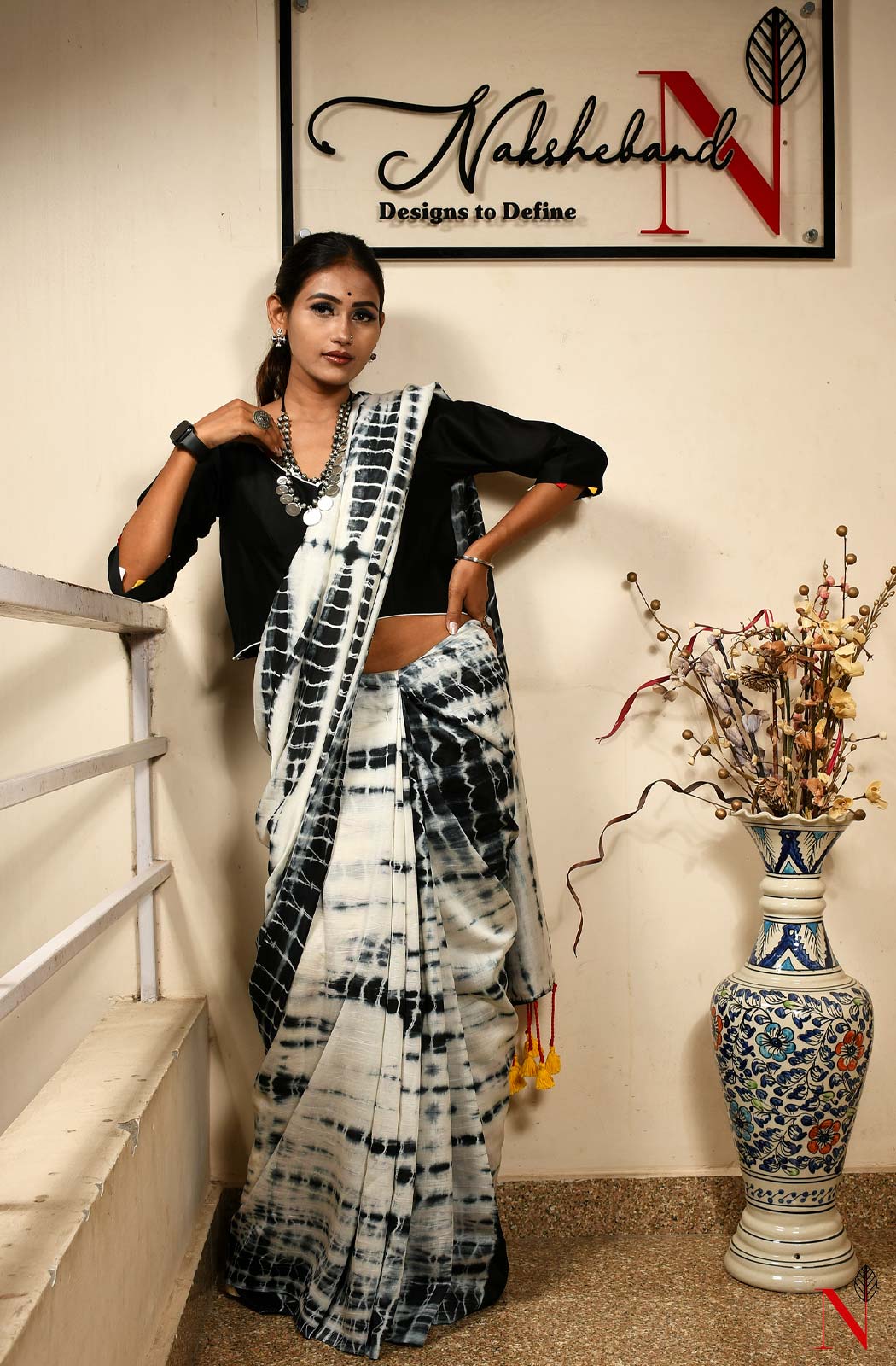 White & Black Pure Silk Chanderi Saree - Shibori