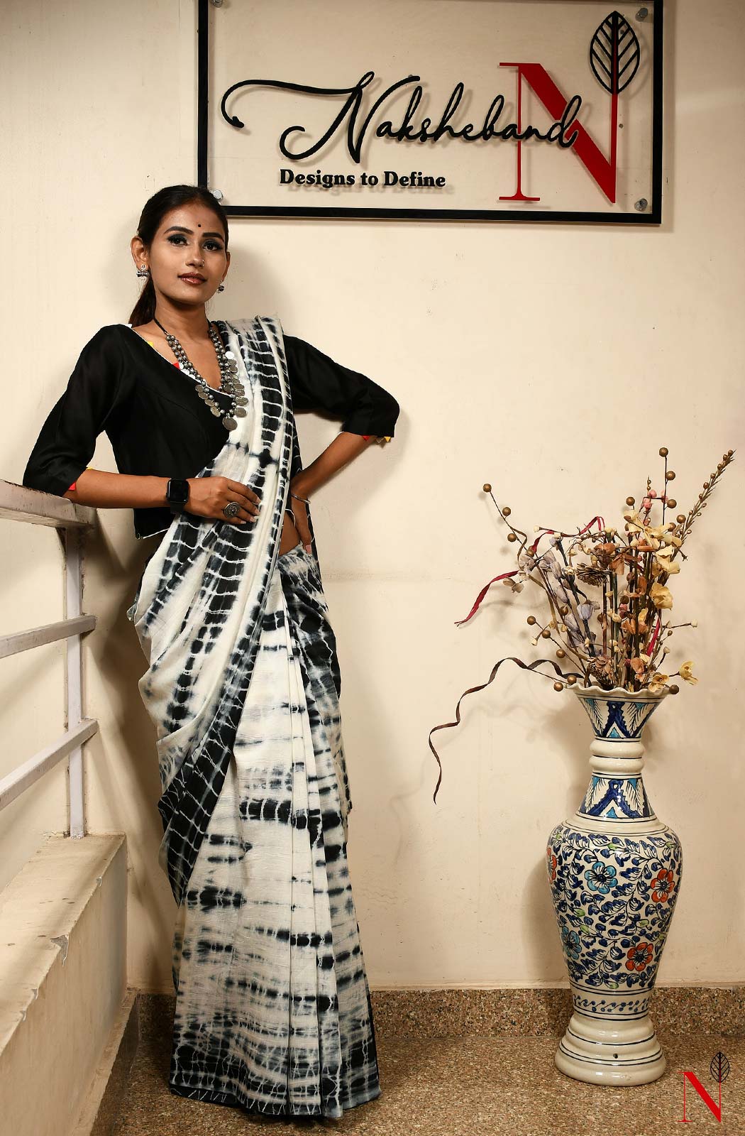 White & Black Pure Silk Chanderi Saree - Shibori