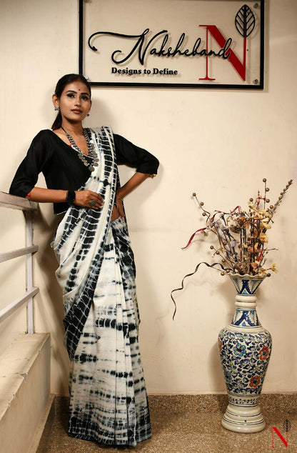 White & Black Pure Silk Chanderi Saree - Shibori