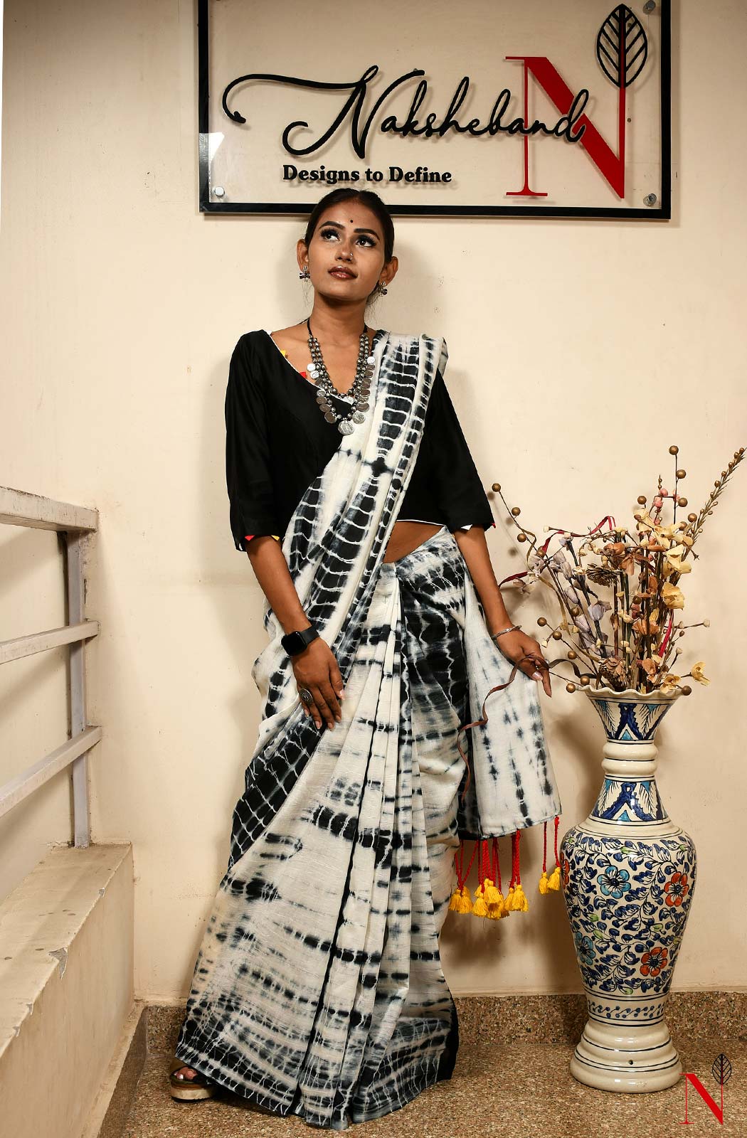 White & Black Pure Silk Chanderi Saree - Shibori