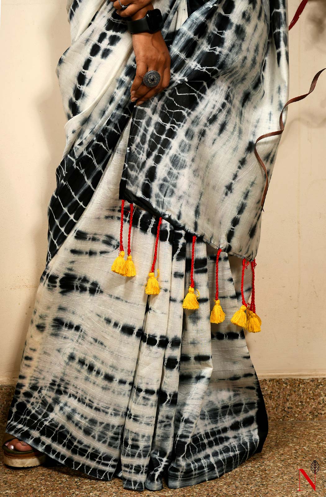 White & Black Pure Silk Chanderi Saree - Shibori