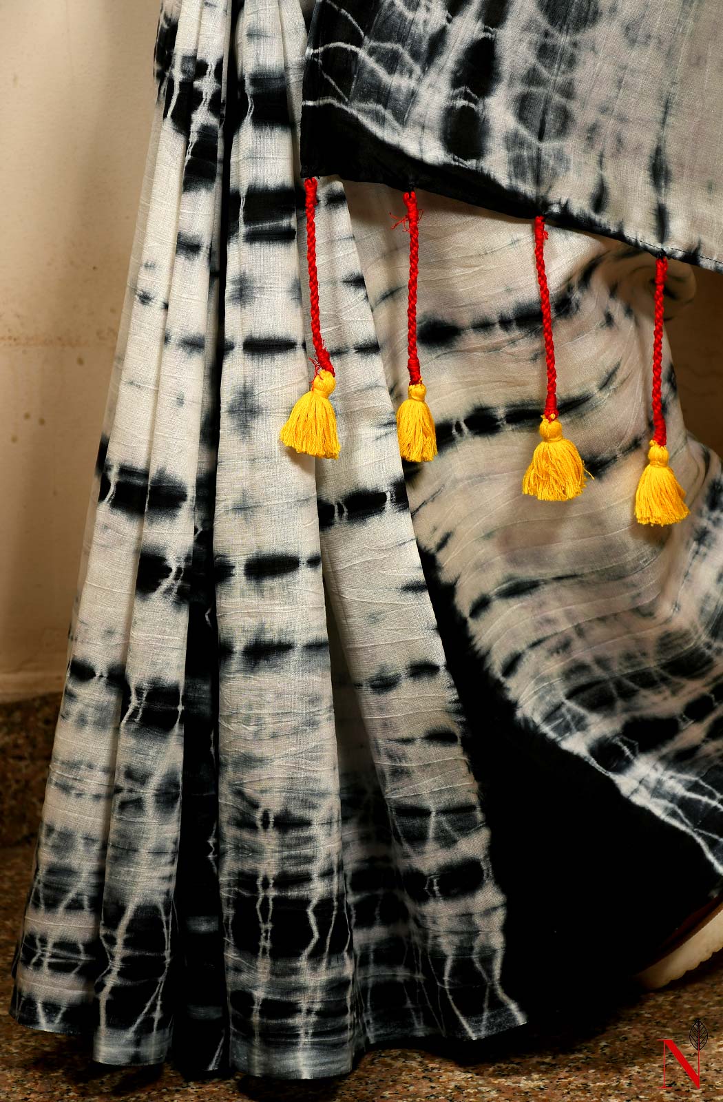 White & Black Pure Silk Chanderi Saree - Shibori