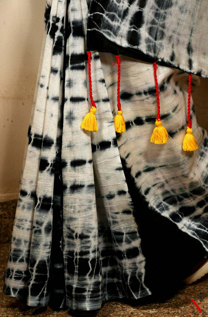White & Black Pure Silk Chanderi Saree - Shibori