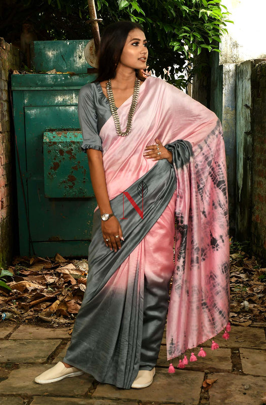 Grey & Pink Pure Silk Chanderi Saree - Shibori - Naksheband