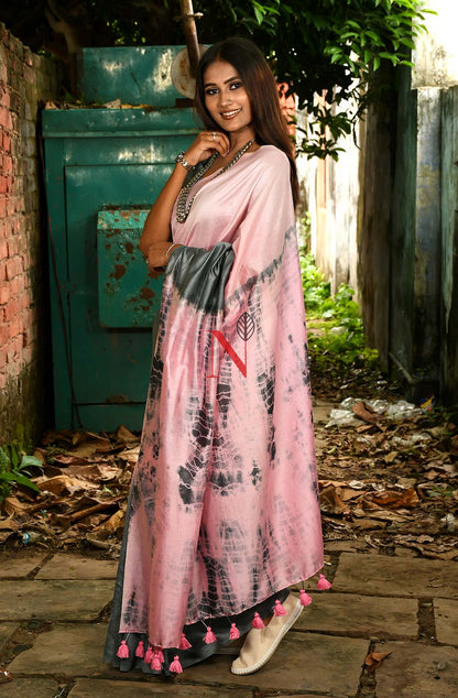 Grey & Pink Pure Silk Chanderi Saree - Shibori - Naksheband