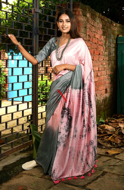 Grey & Pink Pure Silk Chanderi Saree - Shibori - Naksheband