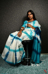 White & Blue Pure Silk Chanderi Saree - Shibori