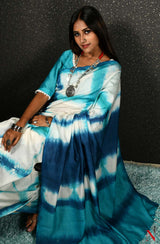 White & Blue Pure Silk Chanderi Saree - Shibori