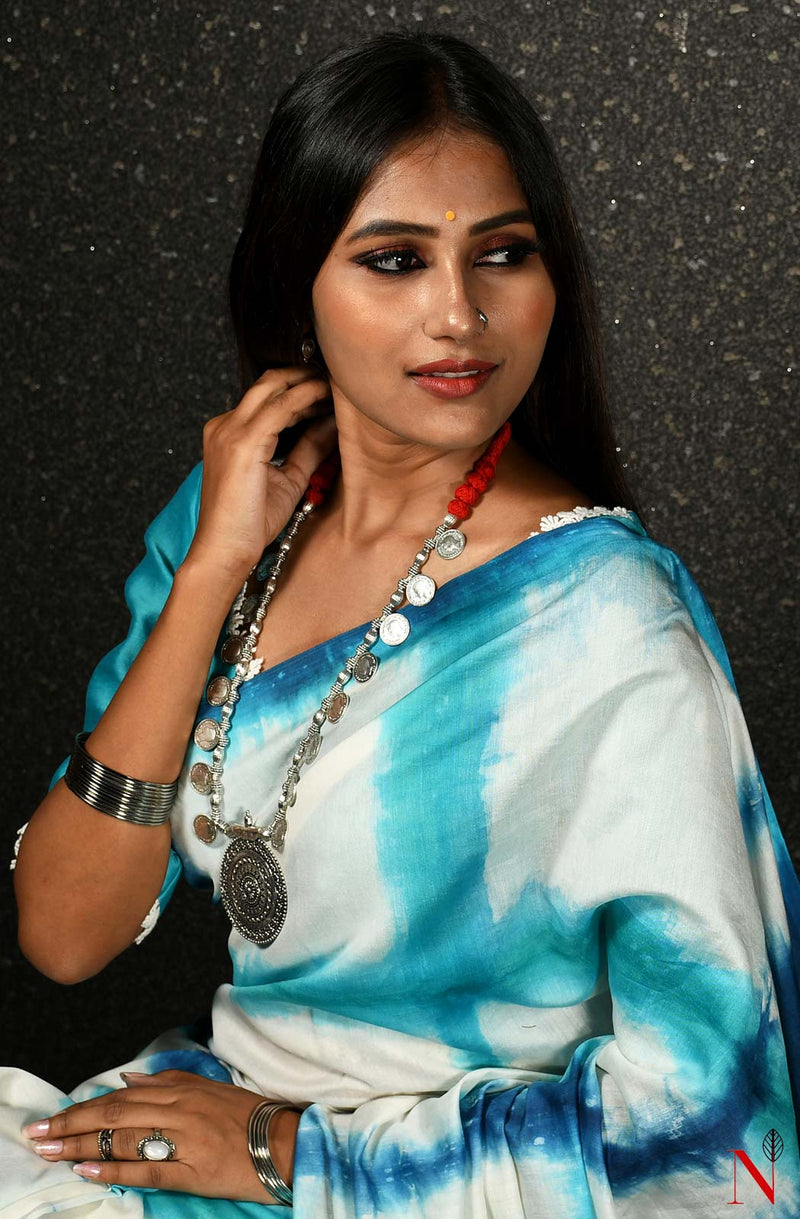 White & Blue Pure Silk Chanderi Saree - Shibori