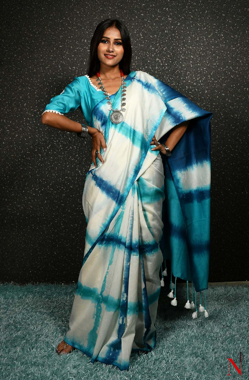 White & Blue Pure Silk Chanderi Saree - Shibori