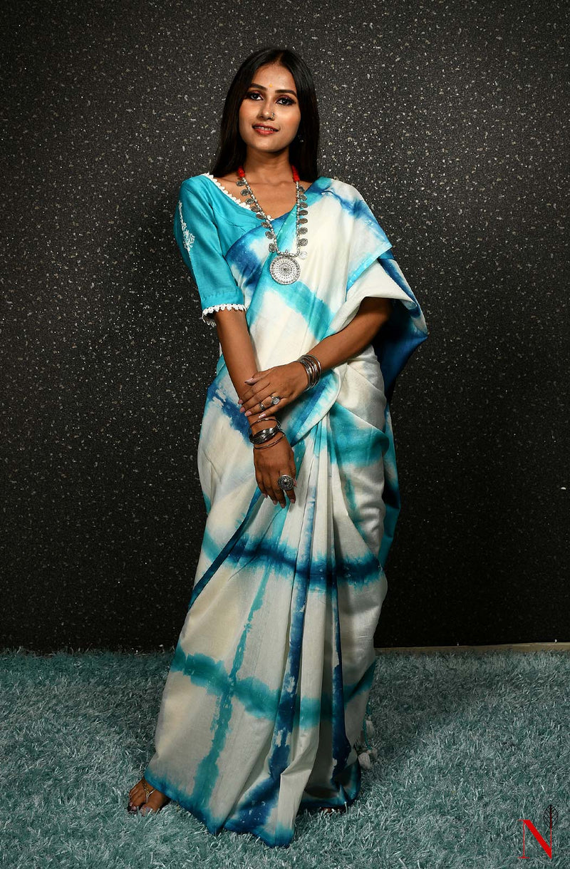 White & Blue Pure Silk Chanderi Saree - Shibori