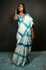 White & Blue Pure Silk Chanderi Saree - Shibori