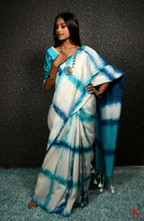 White & Blue Pure Silk Chanderi Saree - Shibori