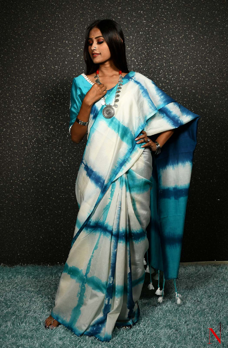 White & Blue Pure Silk Chanderi Saree - Shibori