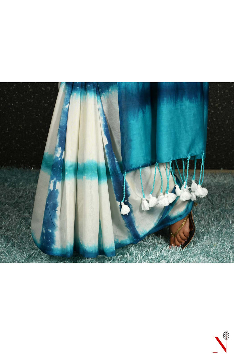 White & Blue Pure Silk Chanderi Saree - Shibori