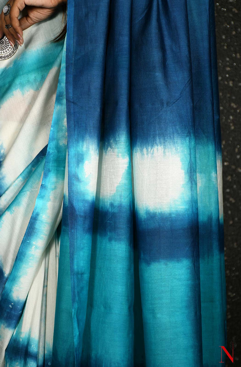 White & Blue Pure Silk Chanderi Saree - Shibori