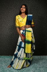 Cream, Yellow & Blue Pure Silk Chanderi Saree - Shibori