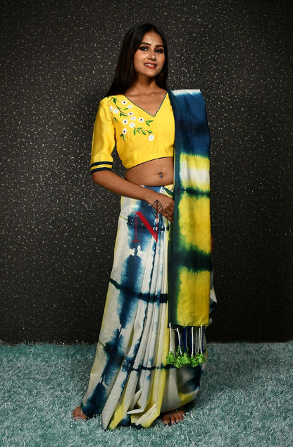 Cream, Yellow & Blue Pure Silk Chanderi Saree - Shibori