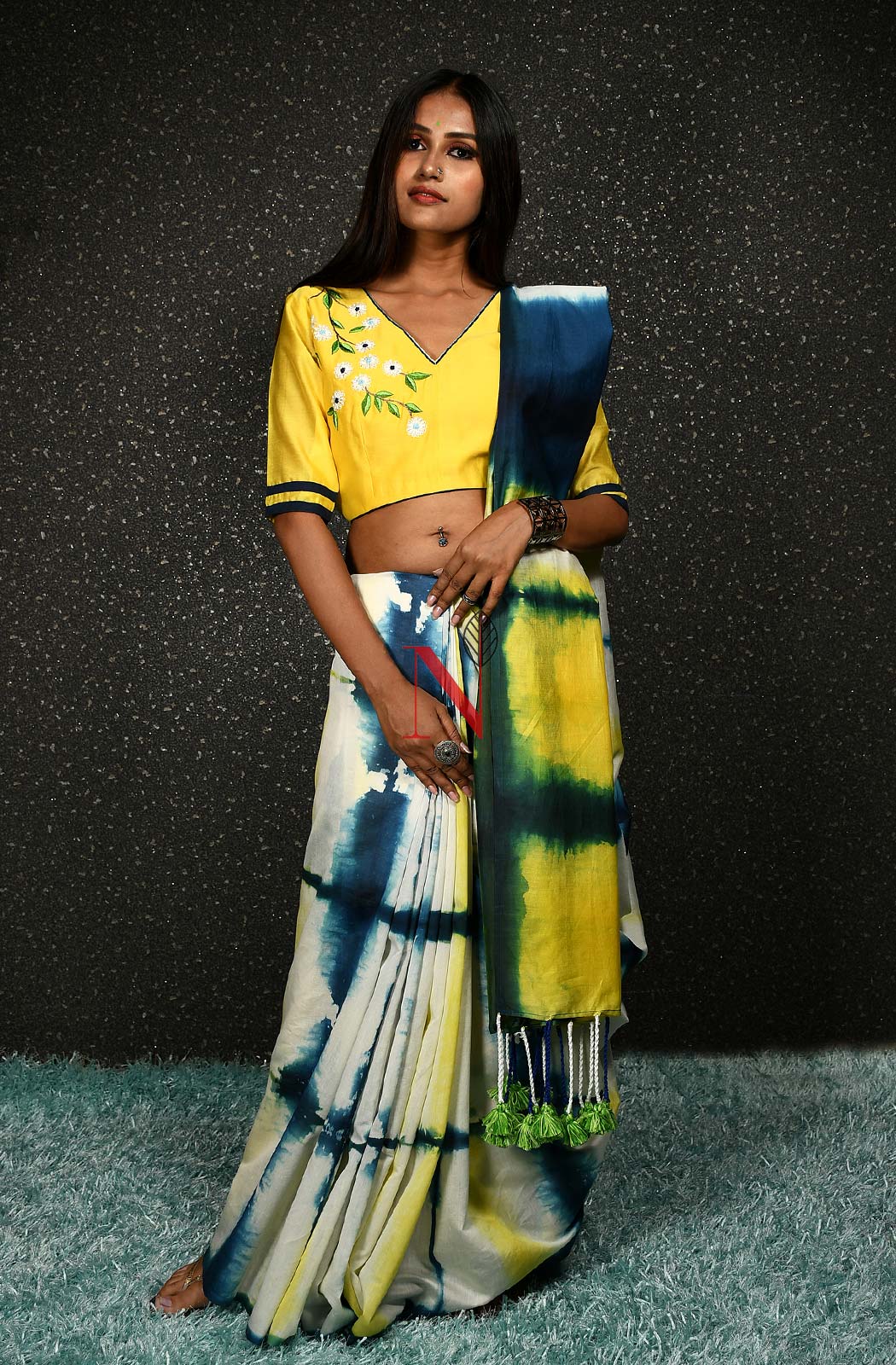 Cream, Yellow & Blue Pure Silk Chanderi Saree - Shibori