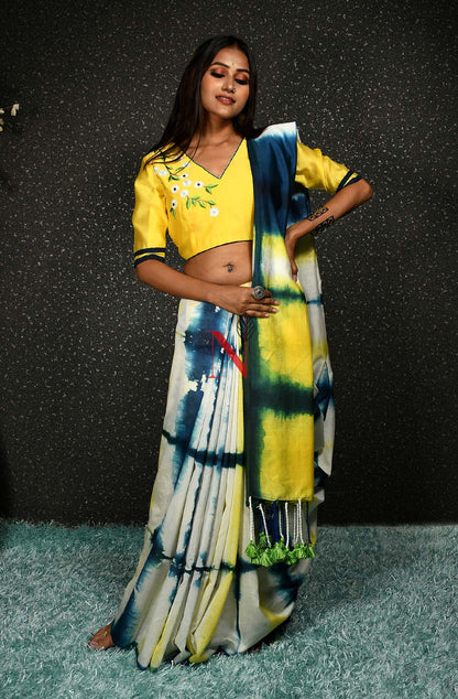 Cream, Yellow & Blue Pure Silk Chanderi Saree - Shibori