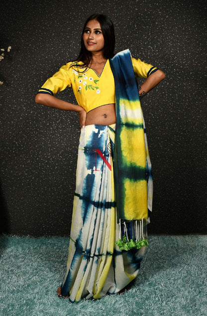 Cream, Yellow & Blue Pure Silk Chanderi Saree - Shibori