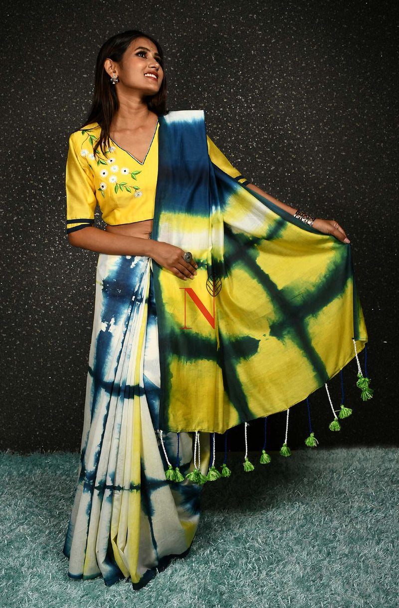 Cream, Yellow & Blue Pure Silk Chanderi Saree - Shibori