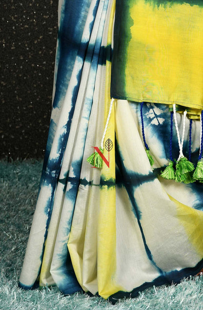 Cream, Yellow & Blue Pure Silk Chanderi Saree - Shibori