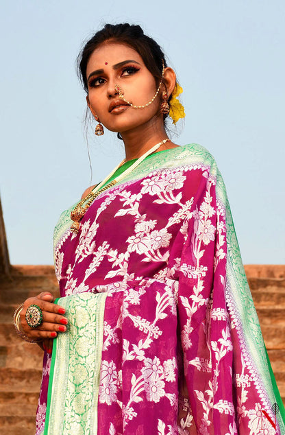 Magenta & Green Pure Banarasi Khaddi Georgette Saree