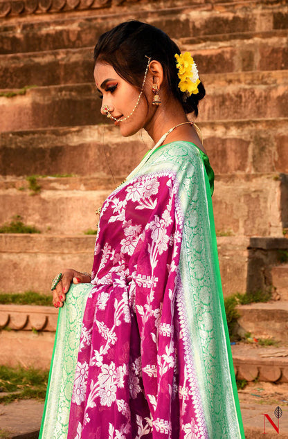 Magenta & Green Pure Banarasi Khaddi Georgette Saree