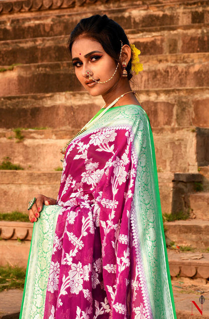 Magenta & Green Pure Banarasi Khaddi Georgette Saree