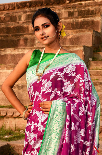 Magenta & Green Pure Banarasi Khaddi Georgette Saree