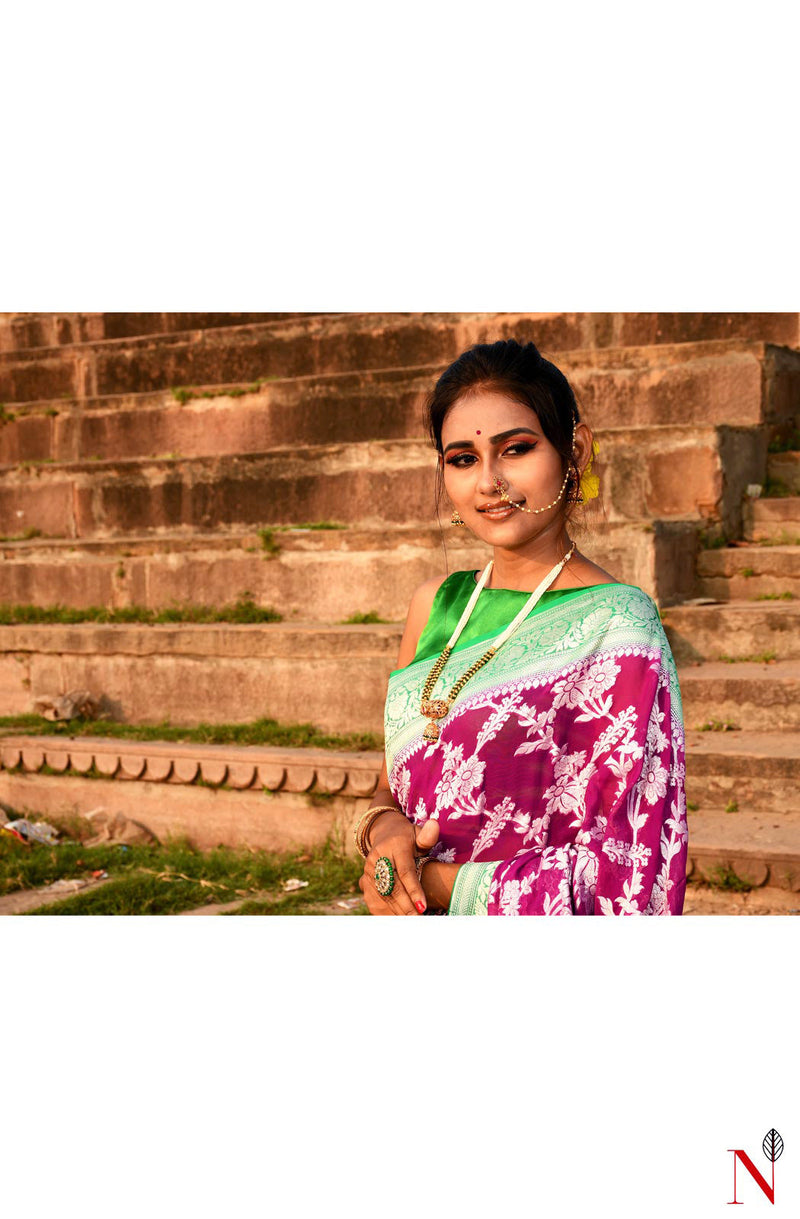 Magenta & Green Pure Banarasi Khaddi Georgette Saree