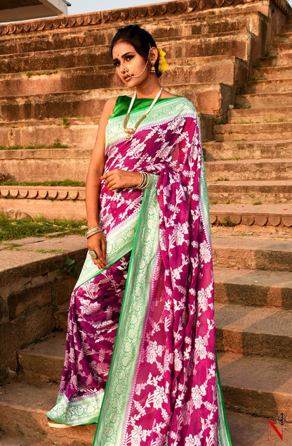 Magenta & Green Pure Banarasi Khaddi Georgette Saree