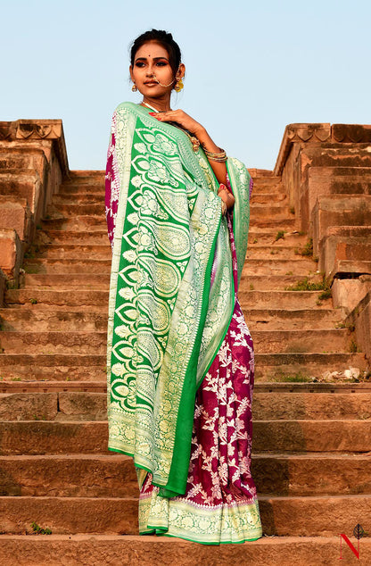 Magenta & Green Pure Banarasi Khaddi Georgette Saree