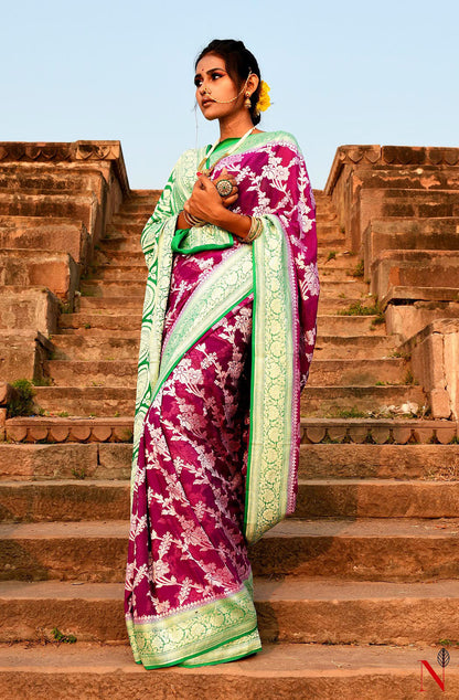 Magenta & Green Pure Banarasi Khaddi Georgette Saree