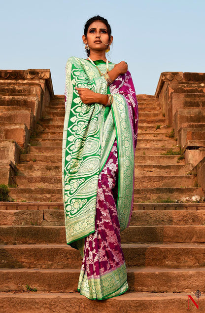 Magenta & Green Pure Banarasi Khaddi Georgette Saree