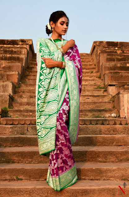 Magenta & Green Pure Banarasi Khaddi Georgette Saree