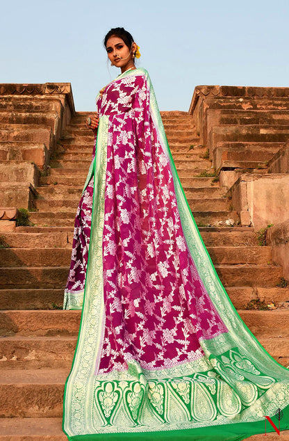 Magenta & Green Pure Banarasi Khaddi Georgette Saree