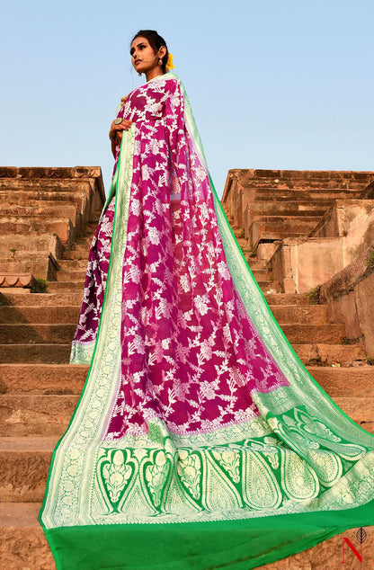 Magenta & Green Pure Banarasi Khaddi Georgette Saree