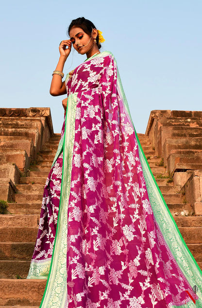 Magenta & Green Pure Banarasi Khaddi Georgette Saree
