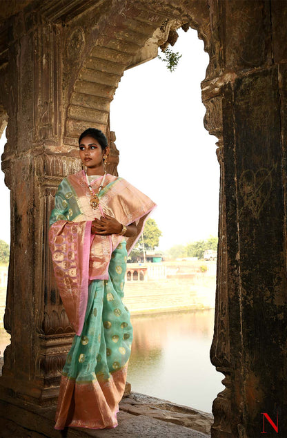 Sea Green & Pink Pure Banarasi Organza Saree