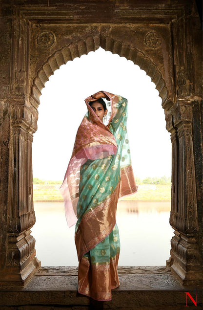 Sea Green & Pink Pure Banarasi Organza Saree